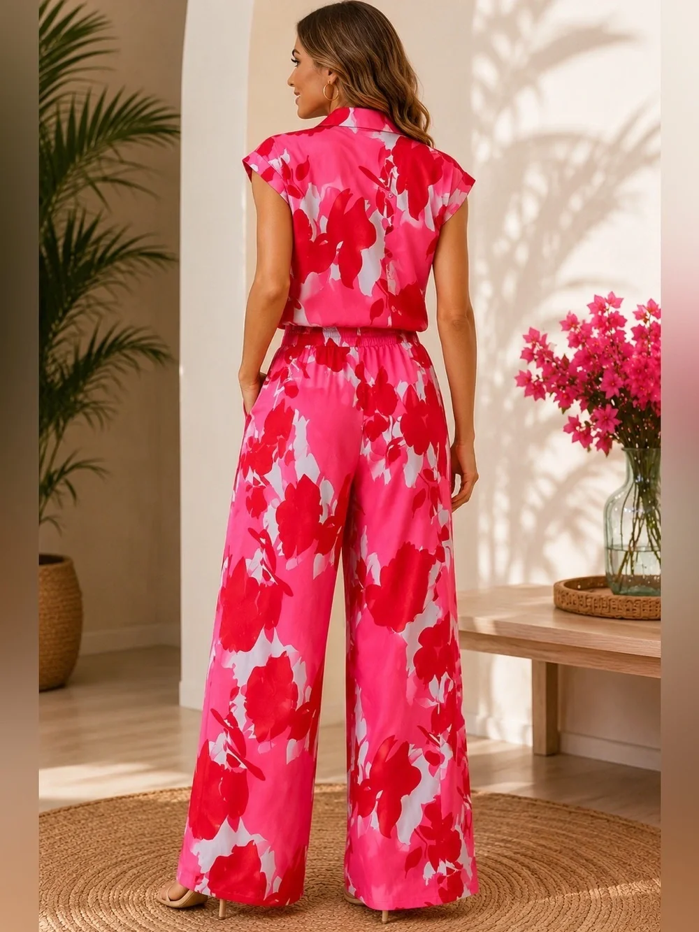 Pink Tropical Floral 2 Piece Set Wide Leg Pants & Button Top S/M